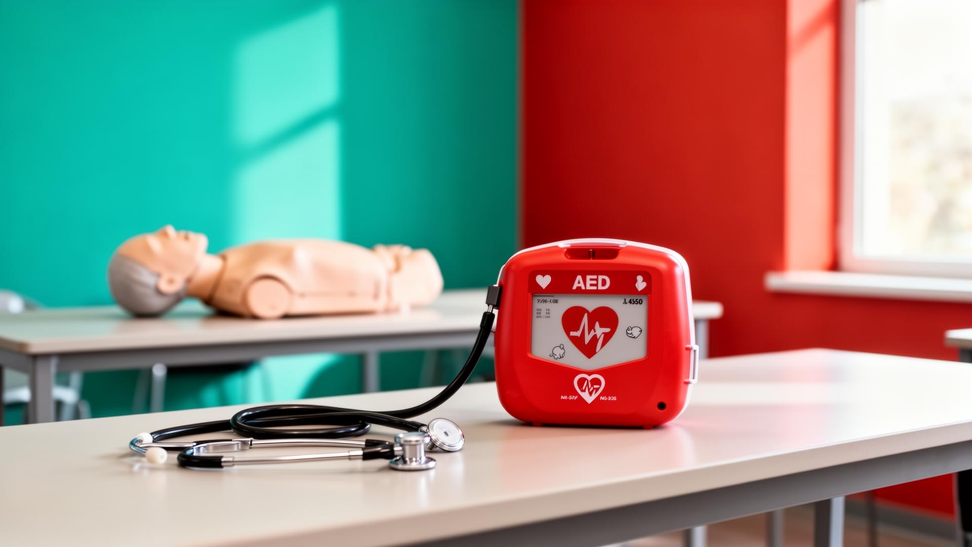 AED defibrillator and CPR training equipment in a modern medical classroom